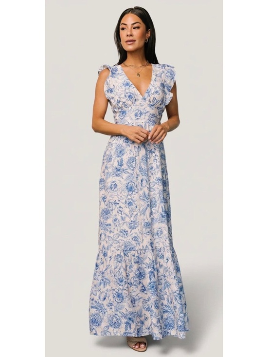 Baltic Born Dresses & Skirts - Baltic Born Hampton Maxi Dress L Blue Ivory Floral Tie Back Ruffle Sleeve